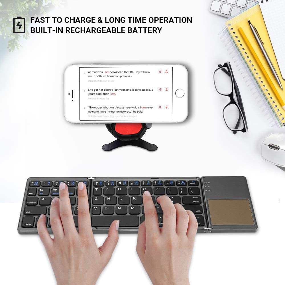 Foldable Bluetooth Keyboard, Tri- Folding Portable Wireless Keyboard with Touchpad, USB Rechargable BT Wireless Keyboard for Android, Windows System Laptop Tablet Smartphone Device(Gray)