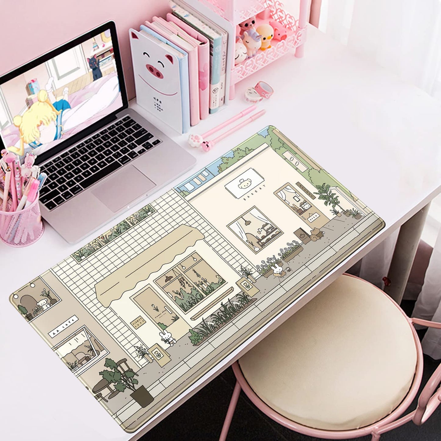 Cute Desk Mat Kawaii Mousepad Bunny and Bear Cute Anime Japanese Street Pastel Beige Brown and Green Mouse Pad, Extra Large Deskmat Cut Laptop Mouse Pads Decor
