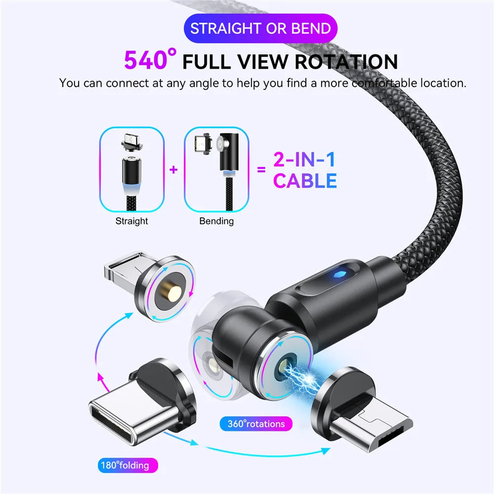 540 Rotate Magnetic Cable USB Fast Charging Type C Cable for Xiaomi Magnet Charge Micro USB Cable Mobile Phone Data Cord