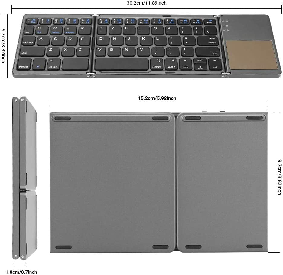 Foldable Bluetooth Keyboard, Tri- Folding Portable Wireless Keyboard with Touchpad, USB Rechargable BT Wireless Keyboard for Android, Windows System Laptop Tablet Smartphone Device(Gray)