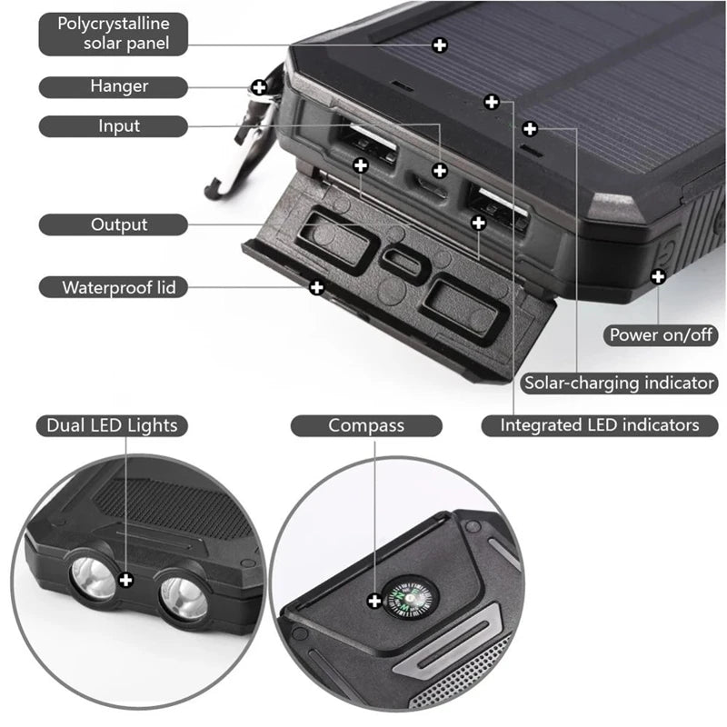 Solar Power Bank 20000Mah IP67 Waterproof Portable Solar Charger Powerbank External Battery Pack Power Bank with SOS LED Light