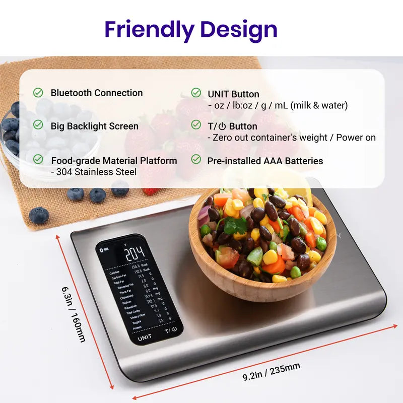 Etekcity Food Nutrition Scale, Digital Grams and Ounces for Weight Loss with Smart Nutrition App, 19 Facts Tracking, Baking, Cooking, Portion Control, Macro, Keto, 11 Pounds-Large, Stainless Steel